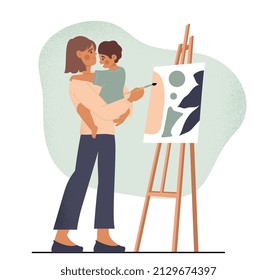 Drawing painting and hobby abstract concept. Young woman holds newborn baby in her arms, smiling and paints on canvas. Mother and child have nice time. Cartoon contemporary flat vector illustration