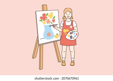 Drawing painting and hobby concept. Smiling girl cartoon character standing over canvas and painting flowers in vase with brush vector illustration 