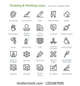 Drawing And Painting Icons - Outline styled icons, designed to 48 x 48 pixel grid. Editable stroke.