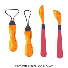 Instrumentos de dibujo y pintura para artistas, clases y clases para principiantes. Herramientas aisladas con asas, cuchillos y alambres con forma. Artes artesanales y habilidades de hobby. Vector de estilo plano