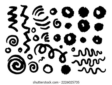 Drawing and painting of straight and curved lines and prints. Dots and patterns, circles and waves abstract shapes and forms for decoration. Motives and ornaments for decor. Vector in flat style