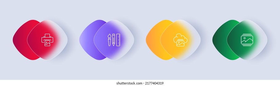 Drawing, painting and taking photo set icon. Hobby, paintbrush, paint, draw, pencil, ruler, cloud storage. Art concept. Glassmorphism style. Vector line icon for Business and Advertising.