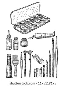 Drawing and painting tools. Drawing and painting tools. Art materials, line drawing set of squirrel, bristle and synthetic brushes for painting and calligraphy and tubes of paint, hand drawn sketch.