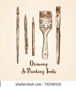 drawing and painting tools hand drawn vector illustration. pencils and brushes sketches 