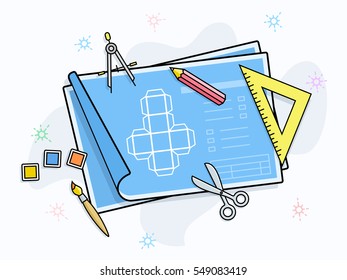 Drawing and painting tools on paper with scheme. Product prototype vector illustration.
