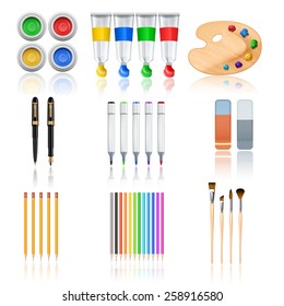 Drawing and painting tools with realistic color palette pencils and brushes isolated vector illustration