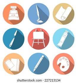 Drawing and painting tools. Set of modern flat round icons with long shadows.
