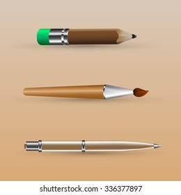 Drawing and painting tools, set of pen, brush, pencil