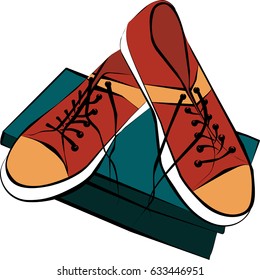 Drawing of a pair of dark red sports shoes located on the box