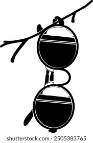 Drawing of a pair of sunglasses hanging from a branch. Black sunglasses sign isolated on white background. Vector illustration