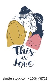 Drawing of pair of young man and woman kissing and This Is Love inscription on white background. Cute romantic couple on date. Hand drawn realistic vector illustration for greeting card, postcard.