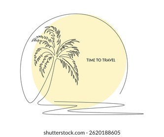 Drawing palm tree one single continuous line.  Palm tree on sunset background. Travel time logo. Summer sunrise linear hand drawn. Simple minimalistic vector icon. Art color editable illustration.