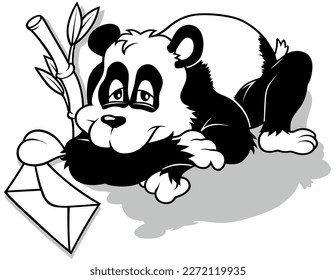 Drawing of a Panda Bear Lying on the Ground with a Love Letter - Cartoon Illustration Isolated on White Background, Vector