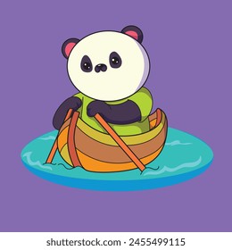 a drawing of a panda bear is riding a wooden boat. he holds a wooden paddle above the blue nair