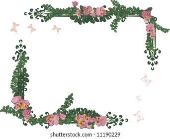 Drawing of Pansies in a frame element with butterflies.