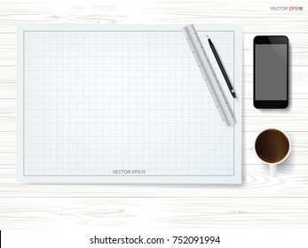 Drawing paper background with coffee cup and smart phone on white wood background. Vector illustration.