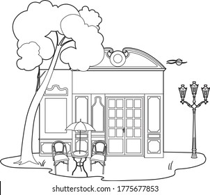 Drawing of a parasol and two chairs in front of a store