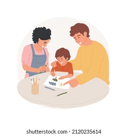 Drawing with parents abstract concept vector illustration. Child drawing together with parent, art home activity, toddler creativity development, home education, parental care abstract metaphor.