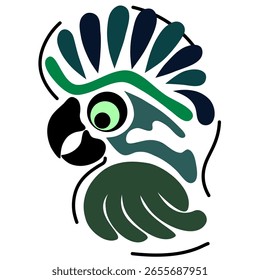 Drawing of a parrot in animation style, vector in blue-green tones, for printing on paper, fabrics, dishes.