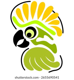 Dibujo de un loro en estilo de animación, Vector en tonos amarillo-verdes, para imprimir en papel, telas, platos.