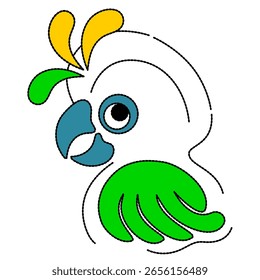 Drawing of a parrot in animation style, vector multi-colored on a white background, for printing on paper, fabrics, dishes.