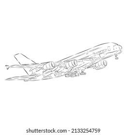 Drawing of a passenger airplane with a view from below. The concept of aerial aviation.