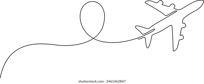 Drawing of a passenger plane in the form of one continuous line. World travel concept, international airline flights. Air travel. Aircraft stylization and flight path. One line vector illustration