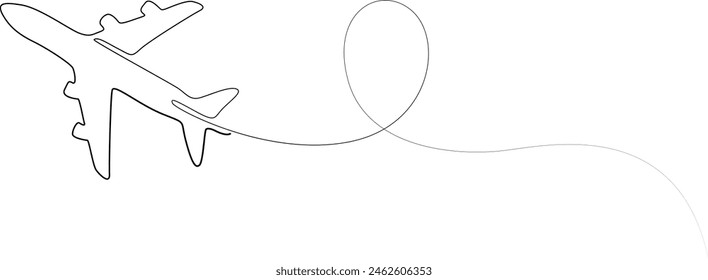 Dibujo de un plano de pasajeros en forma de una línea continua. Concepto de viaje mundial, vuelos de aerolíneas internacionales. Viaje aéreo. Estilización de aeronaves y trayectoria de vuelo. Ilustración vectorial de una línea