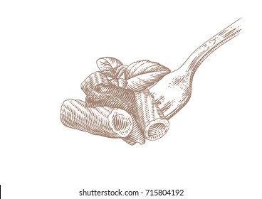 Drawing of pasta on the fork with sauce and leaves of basil