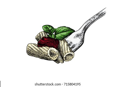 Drawing of pasta on the fork with sauce and leaves of basil