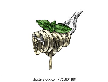 Drawing of pasta on metal fork with fresh green basil