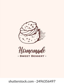 Drawing of pastry products, desserts. Food menu design template, logo. Hand drawn sketch vector illustration.