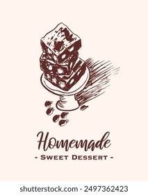 Drawing of pastry products, desserts. Food menu design template, logo. Hand drawn sketch vector illustration.