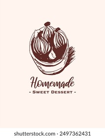 Drawing of pastry products, desserts. Food menu design template, logo. Hand drawn sketch vector illustration.