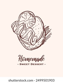 Drawing of pastry products, desserts. Food menu design template, logo. Hand drawn sketch vector illustration.