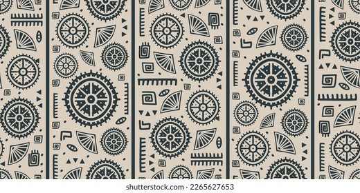 Zeichnen Muster abstrakte afrikanische Stamm geometrische Formen, alte ethnische traditionelle Symbole und orangefarbene Zeichen mit dekorativen Batik-Motiven, handgezeichnet Streifen Linie. Vektorgrafik-Stoffdruck.