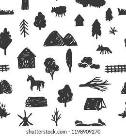 Drawing pattern landscape with trees, houses and animals. Hand drawn forest background