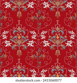 Drawing pattern on bright red background for designing gift wrapping paper, wall decoration fabric, clothing. Seamless pattern wallpaper