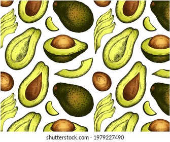 Patrón de dibujo del dibujo del aguacate verde aislado sobre fondo blanco. Vocado rebanado con piedra marrón. Engravando la colorida comida vegana mexicana. Comer sano. Papel tapiz de aguacate. Ilustración vectorial.