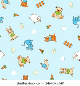 drawing patterns of several types of cartoon animals, clouds, carrots and others as a background