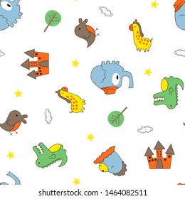 drawing patterns of some cartoon animals, trees, stars and others as a background