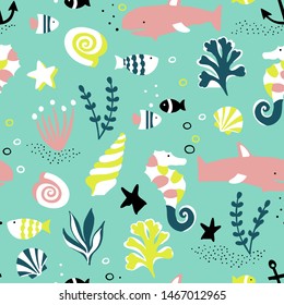 drawing patterns of various types of cartoon sea animals, seaweed as a background