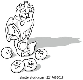 Dibujo de un Pea Pod con bolas de Pea alrededor - Ilustración aislada en fondo blanco, vector