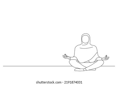 Drawing of peaceful young lady in hijab meditating with closed eyes in yoga pose, finding inner balance. One line art
