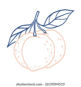 A drawing of a peach with a leaf on it. The peach is pink and the leaf is blue