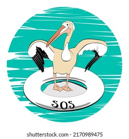 Drawing of a pelican with a life preserver