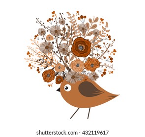 Drawing pen bird face, macaque portrait with beautiful flowers on the head, floral wreath