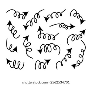 Drawing pen curve arrow set. Black doodle icons isolated on white background. Vector illustrations collection