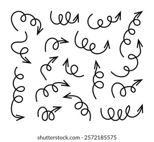 Drawing pen curve arrow set. Black doodle icons isolated on white background. Vector design elements