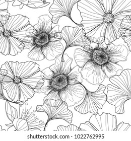 drawing with a pencil - flowers. flowers pattern.  line illustrations.
